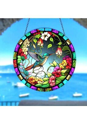 Suncatcher Hummingbird Flowers Hanging Window Decor Art Colorful In/Outdoor NEW
